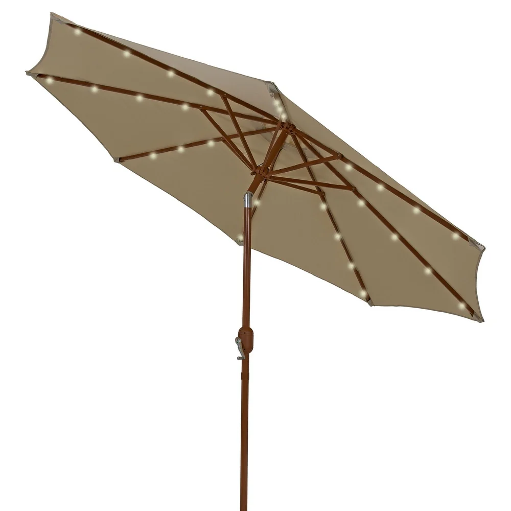 Solar Patio Umbrella with Faux Woodgrain Finish - Beige