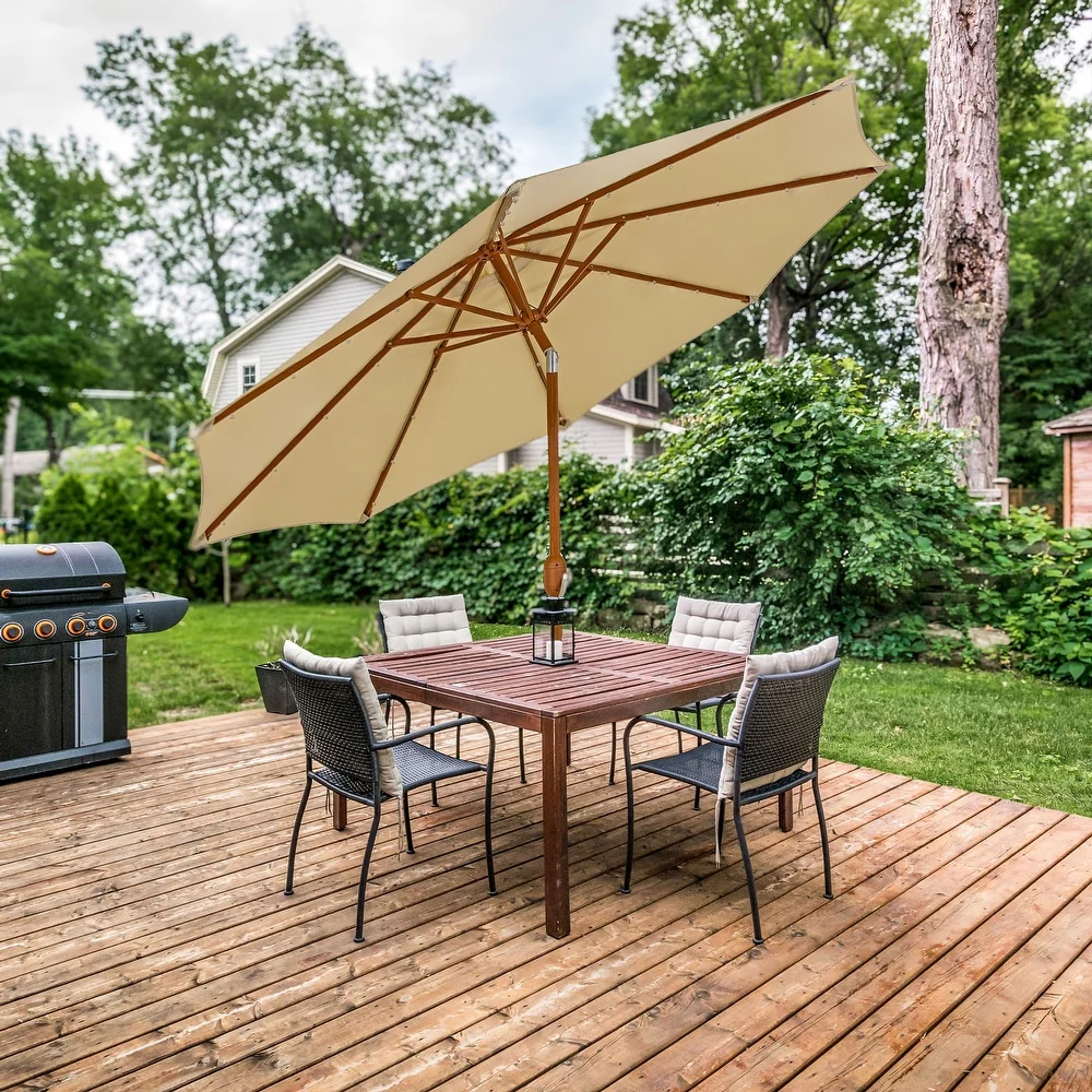 Solar Patio Umbrella with Faux Woodgrain Finish - Beige - Image 3