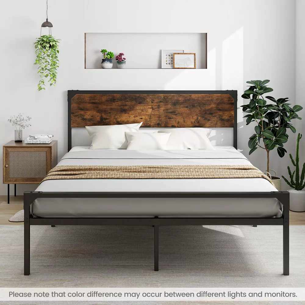 Platform Queen Bed with Rustic Headboard & Footboard Strong Metal Slat Support - Image 3