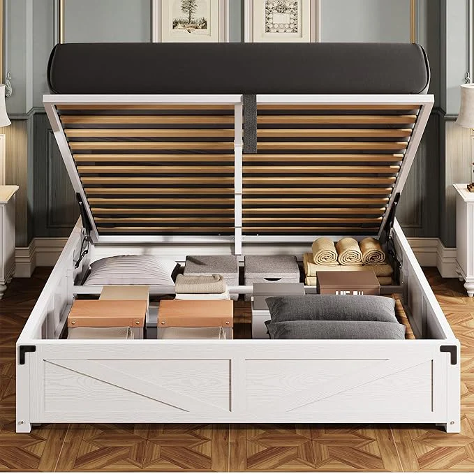 Platform Queen Bed Frame with Lift Up Storage, White