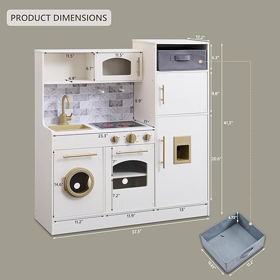 Play Kitchen for Kids Toddlers, Wooden Play Kitchen with Lights and Sounds with Storage Box, Ice Maker, Sink with Faucet, Modern Toy Kitchen (Antique White) - Image 5