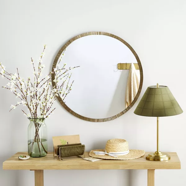 Pleated Brass Round Wall Mirror Antique Finish - Image 4
