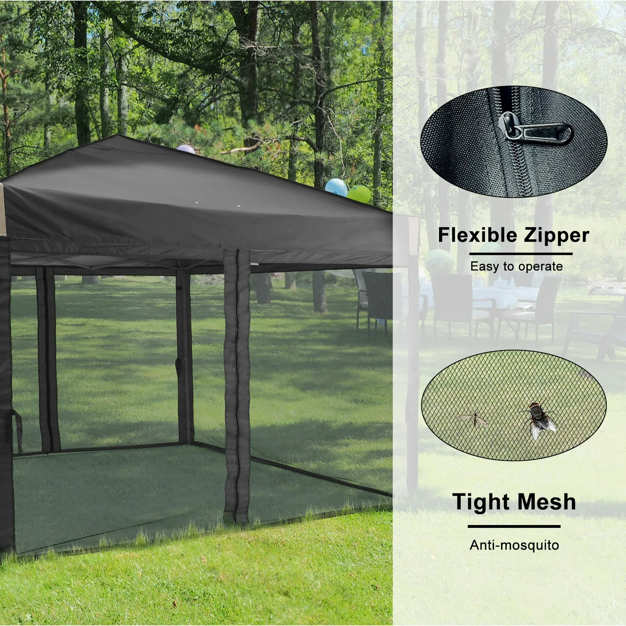 Pop Up Canopy Tent with Removable Mesh Sidewall, with Roller Bag-Black - Image 3