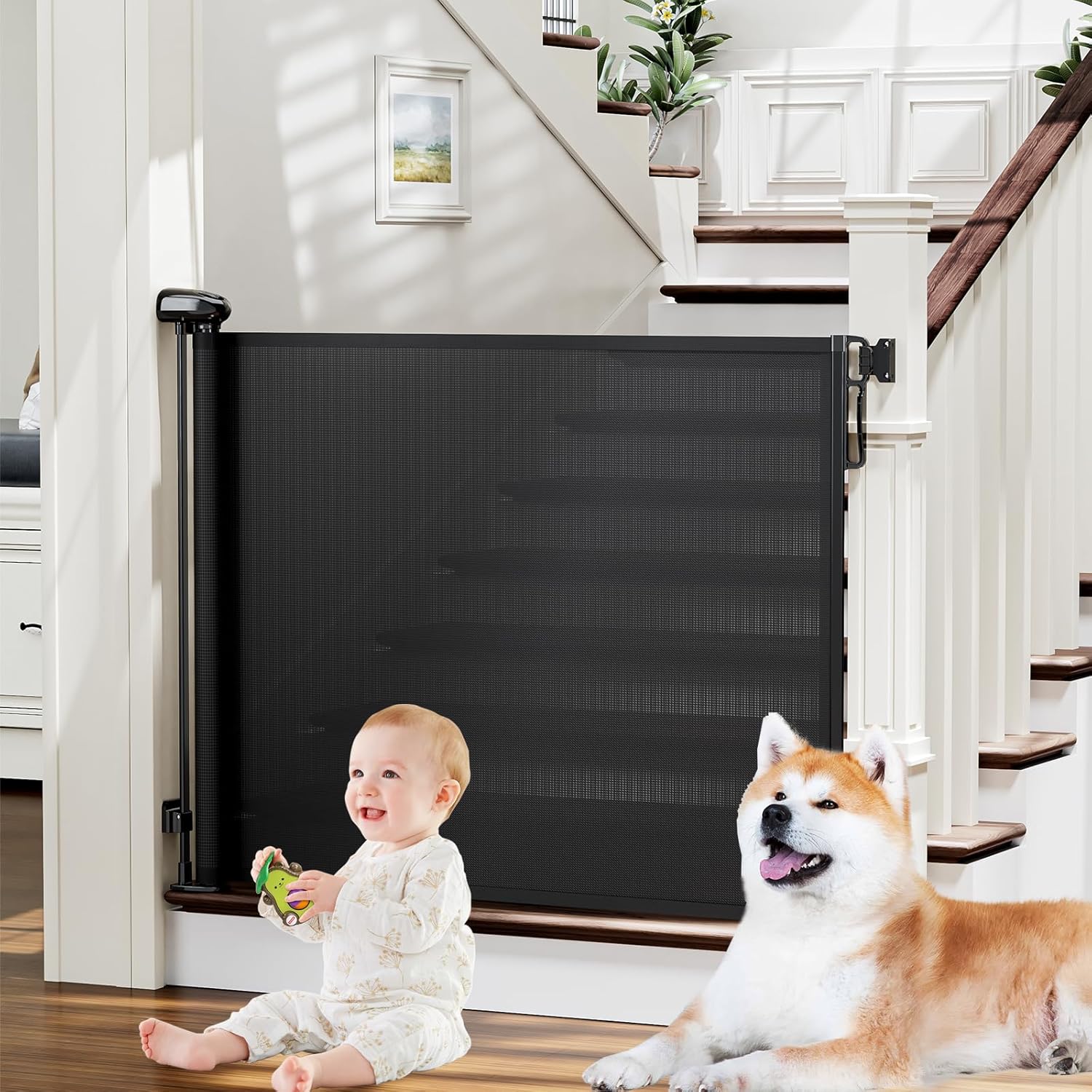 Retractable Baby, Child & Dog Gates for Stairs, Black