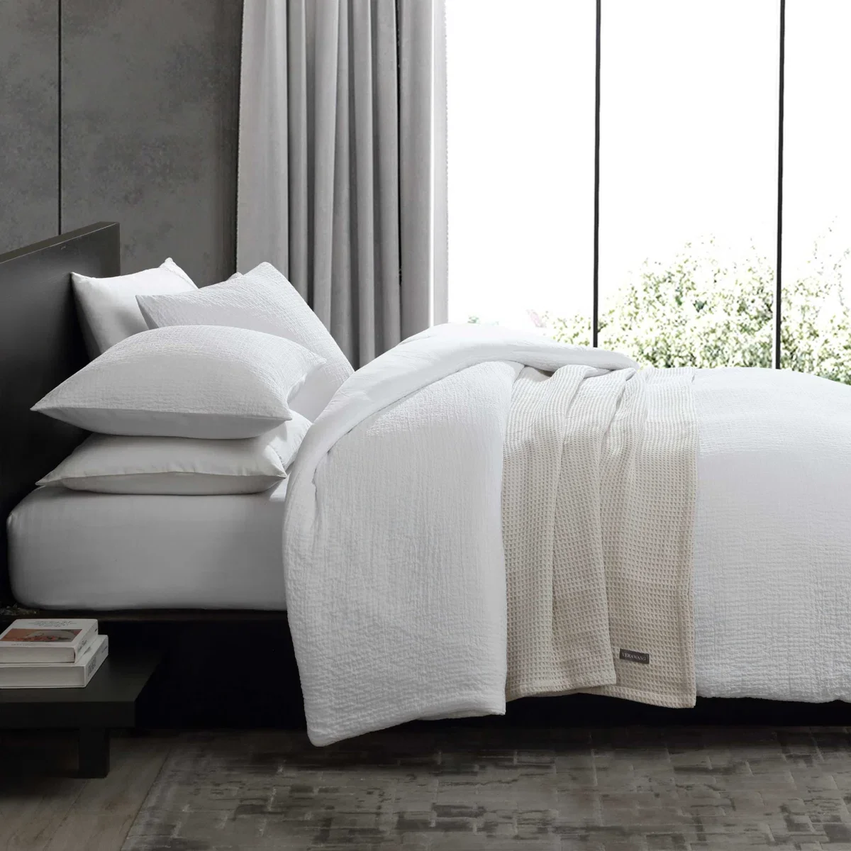 Puckered Texture Cotton White Duvet Cover Set Queen 3-Piece - Image 2