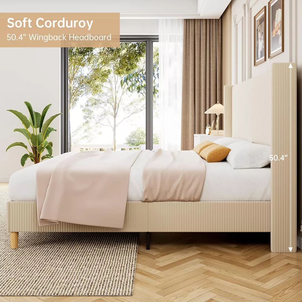 Upholstered Platform Corduroy Bed Frame with Vertical Channel Tufted Wingback Headboard Queen - Image 2