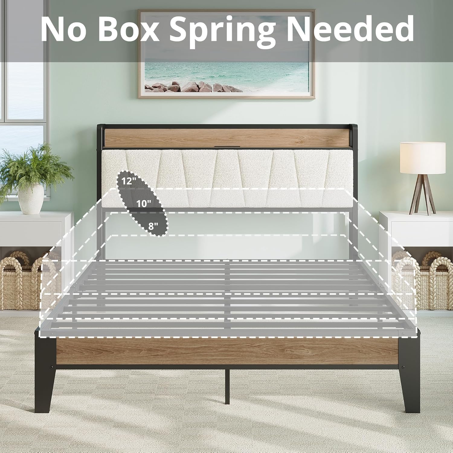 Queen Bed Frames Storage Headboard with Charging Station