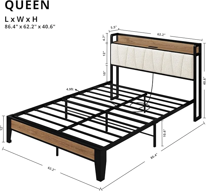 Queen Bed Frames Storage Headboard with Charging Station - Image 2