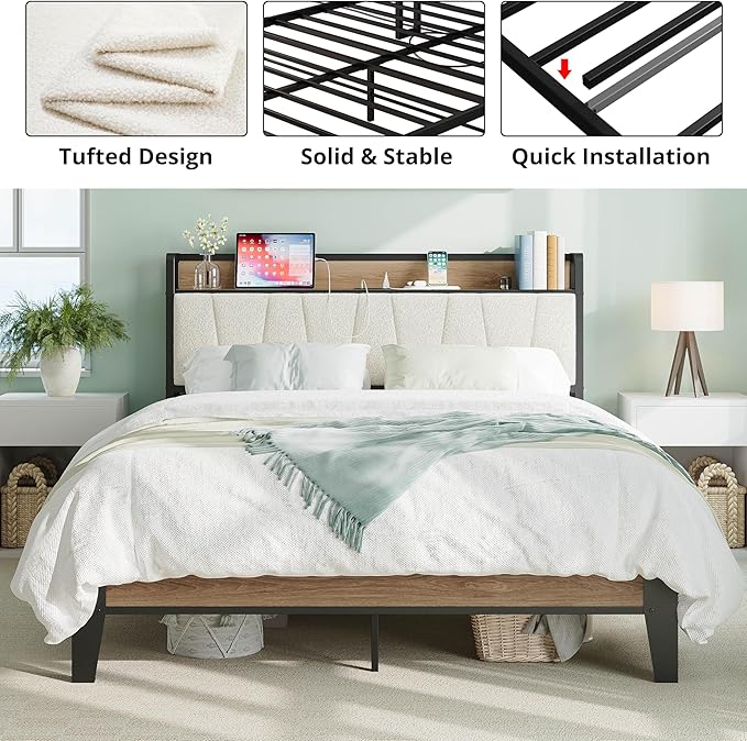 Queen Bed Frames Storage Headboard with Charging Station - Image 5