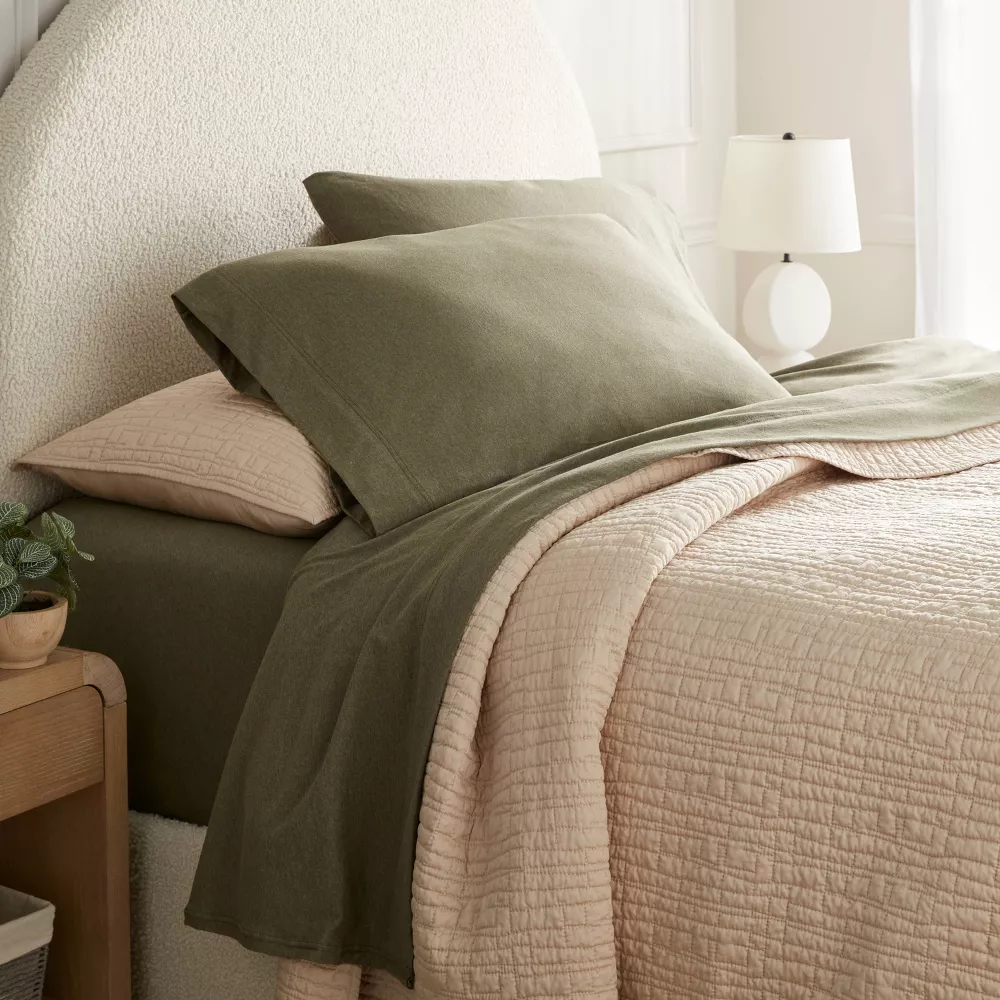 Cotton Jersey Sheet Set Heather Green - 4-Piece Queen - Image 4