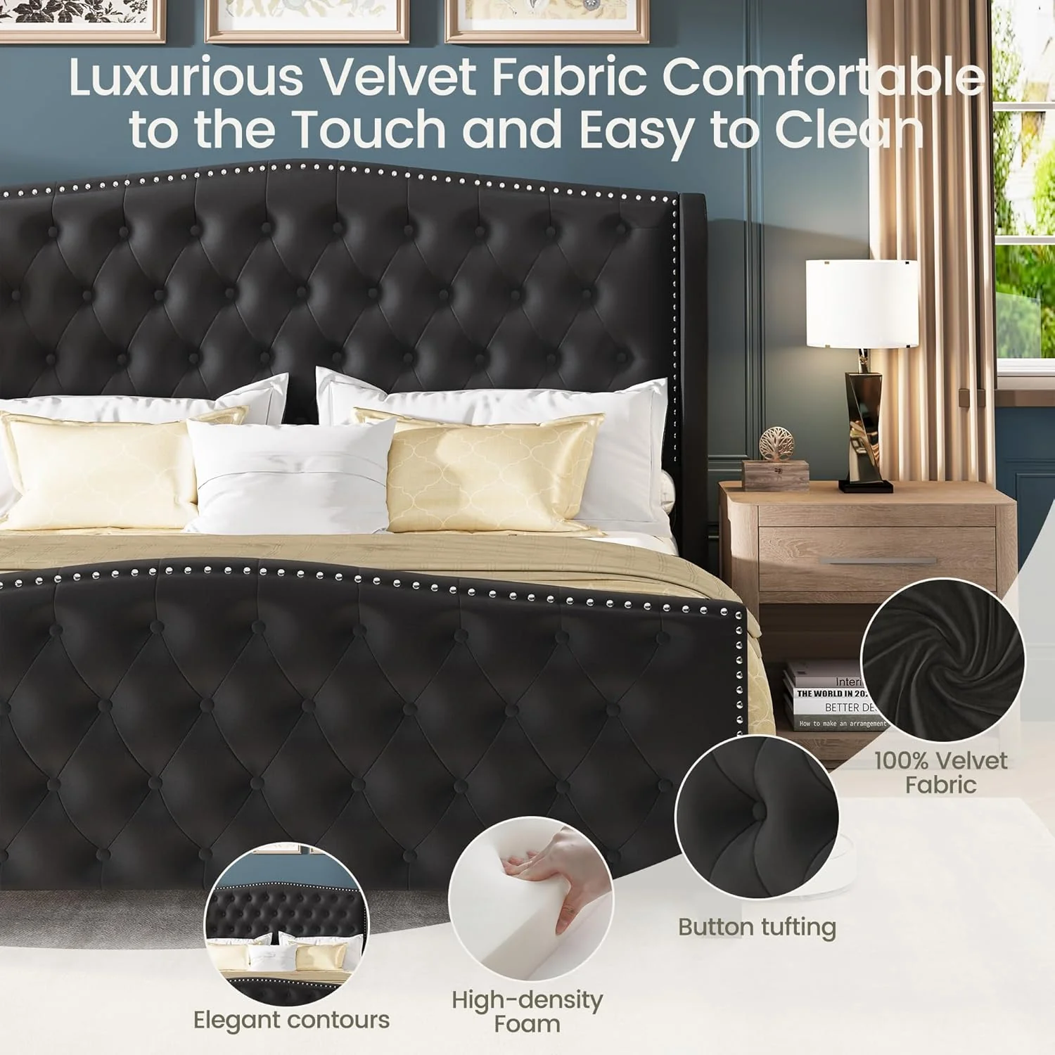 Queen Bed Frame Velvet Upholstered Platform Bed with Wingback Headboard & Footboard, Deep Button Tufted with Wood Slats Support, Black - Image 2