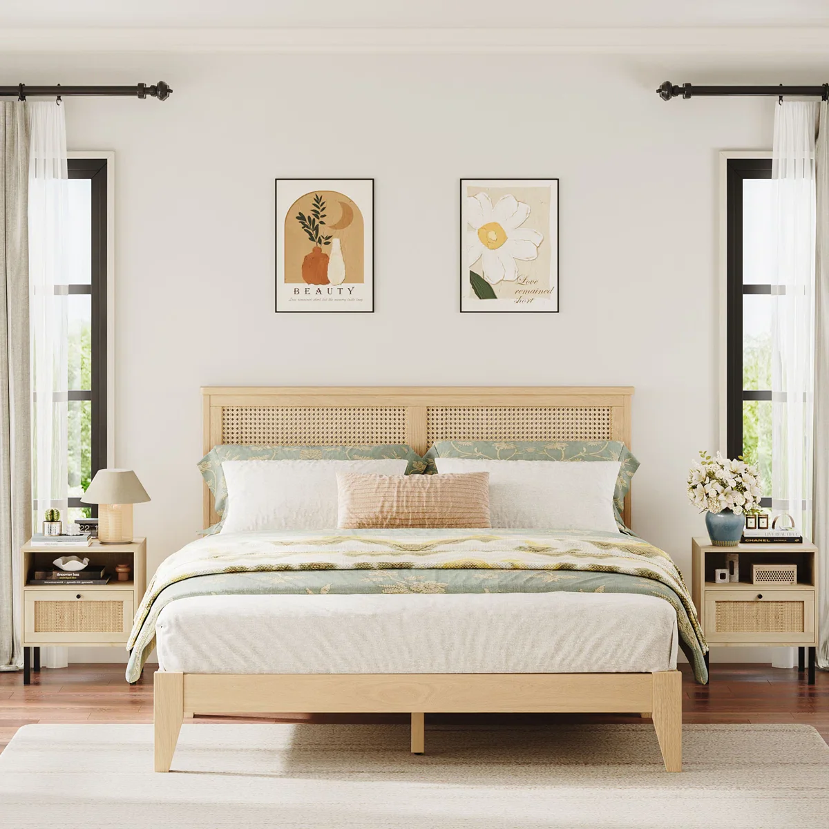 Boho Solid Wood Platform Bed with Rattan Headboard Queen - Image 4