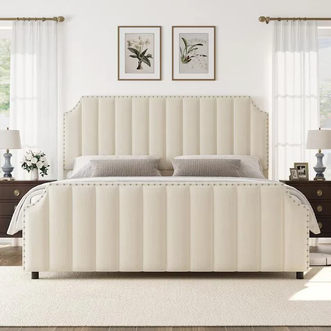 Queen Size Platform Bed Frame with Headboard Velvet - Image 3