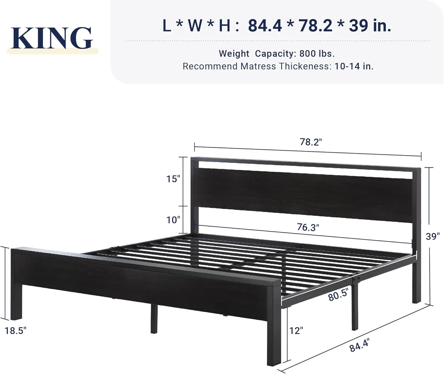 Platform Bed Frame with Wooden Headboard and Footboard, Black Oak - King - Image 5