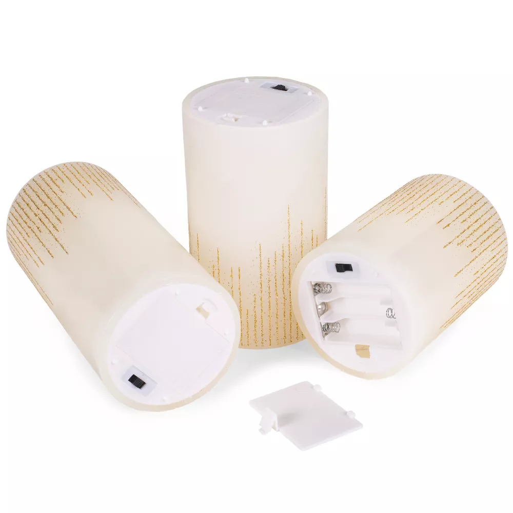 Raindrop Gold Tone Glitter Wax LED Flameless Pillar Candles Set of 3, final cut - Image 2