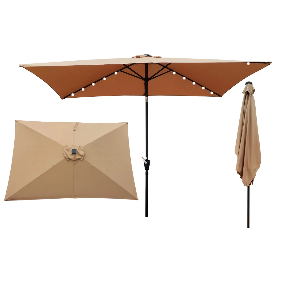 Rectangular Patio Solar LED Lighted Outdoor Market Umbrellas With Crank & Push Button Tilt