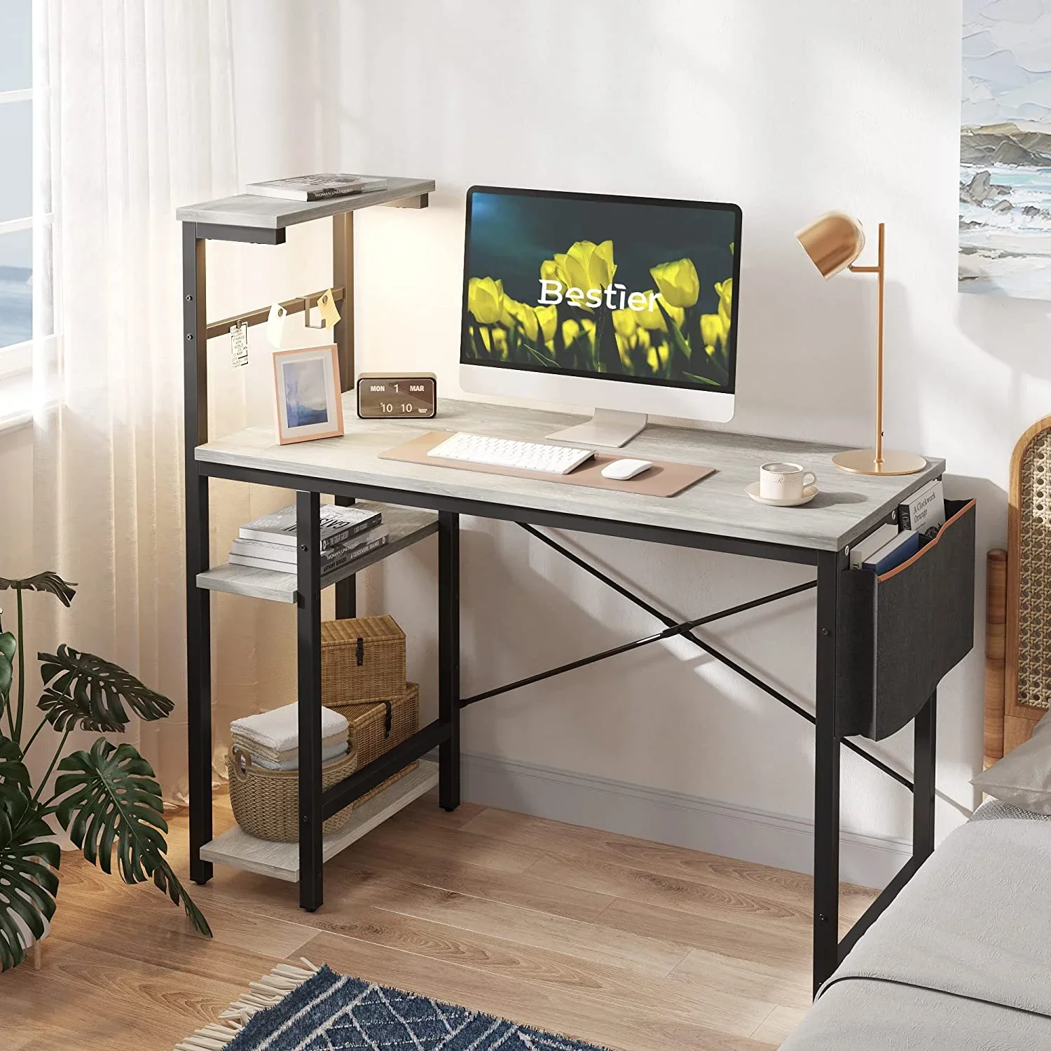 Reversible Computer Desk with LED Lights Gaming with 4 Tier Shelves Grey