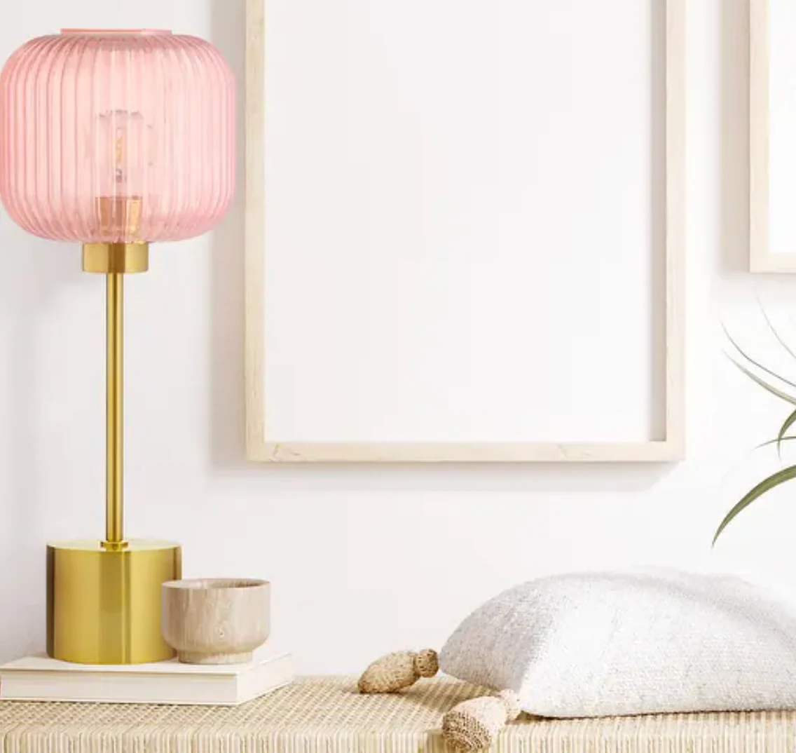 River of Goods Rowan 21.25-Inch Brushed Gold Metal Table Lamp with Glass Shade - Pink SHOWROOM ITEM