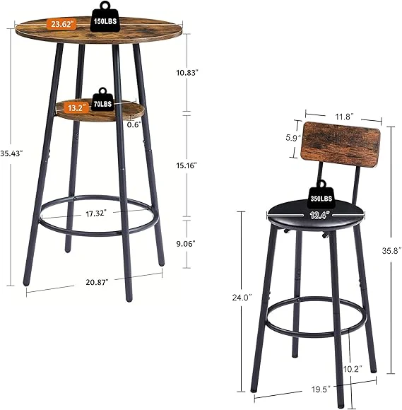 Round Bar Stool Set with Shelf Rustic Brown - Image 3