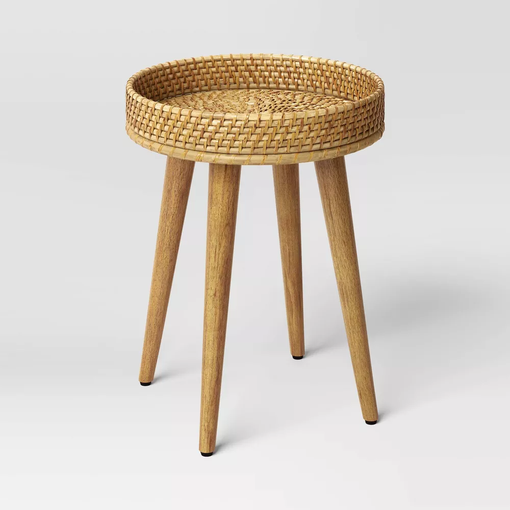 Round Natural Bamboo & Cane Woven Accent Table - Image 4