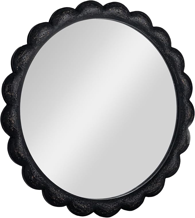 Round Scalloped Distressed Wood Wall Mirror, Black SHOWROOM ITEM