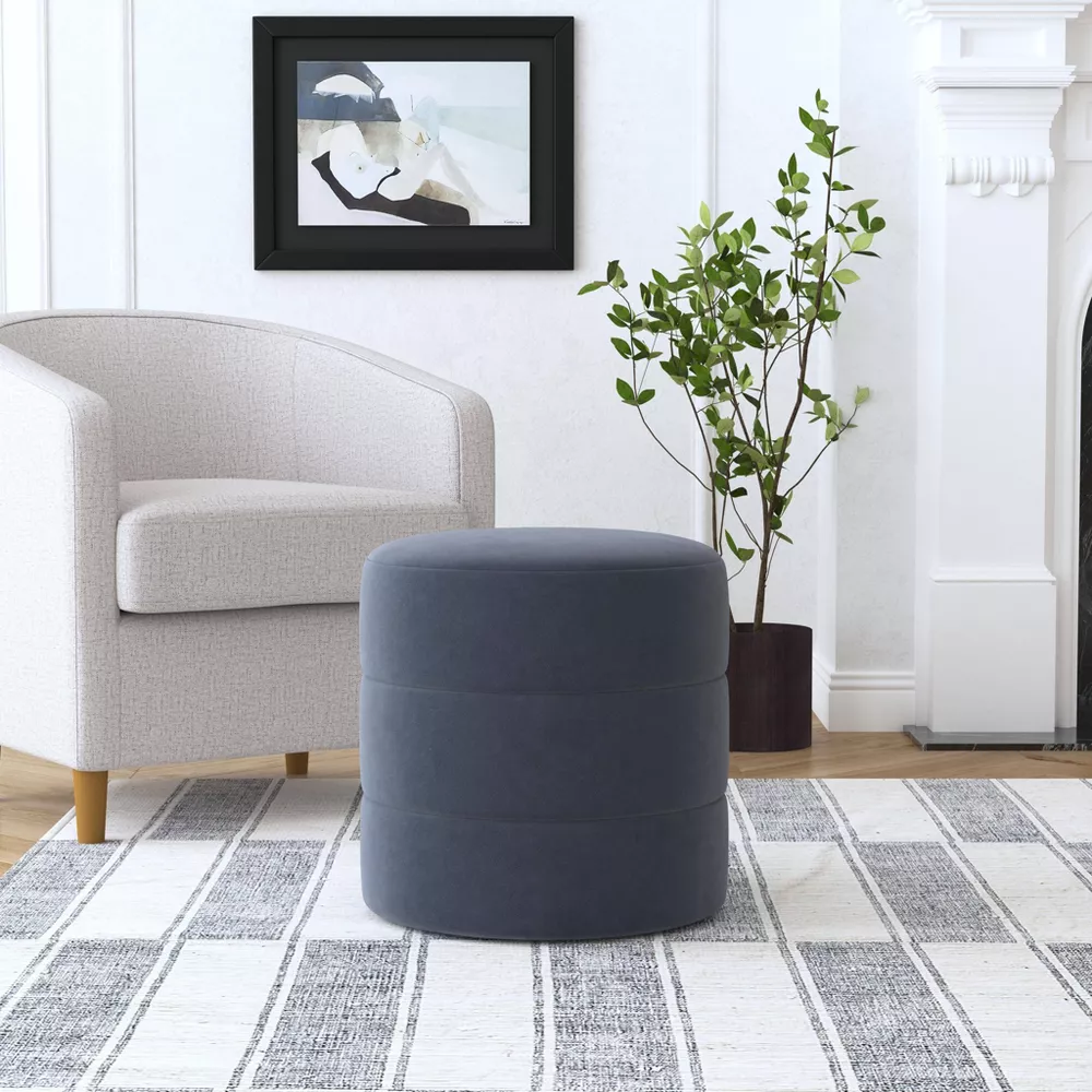 Round Upholstered Ottoman Blue Velvet - Image 2