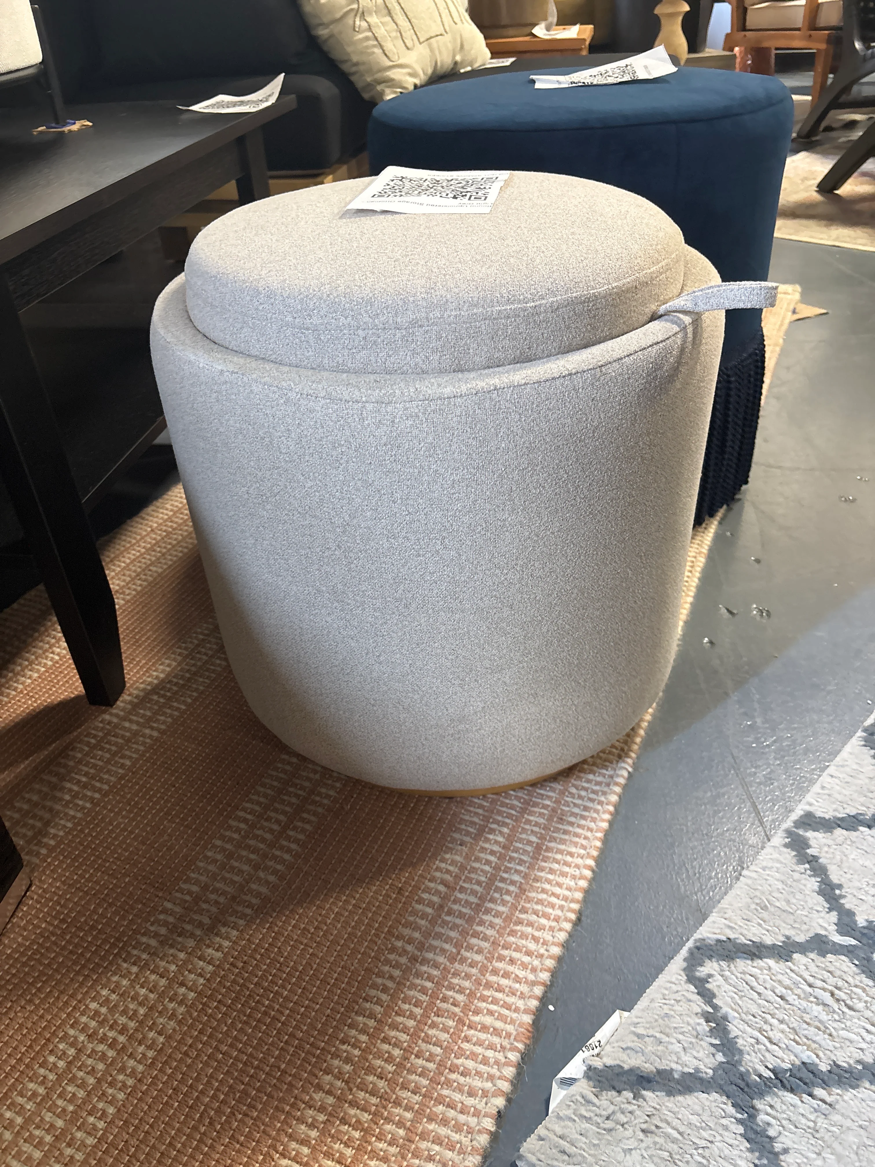 Round Upholstered Storage Ottoman - Light Grey SHOWROOM ITEM - Image 2