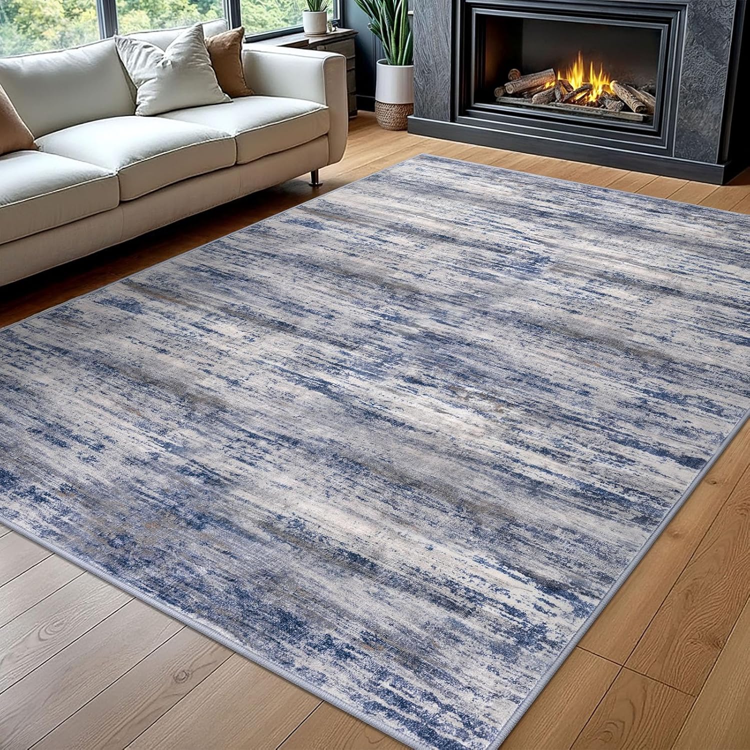 Rugs for Living Room 8x10 Modern Ombre Living Room Area Rug, Washable Large Thin Rugs Non-Slip Soft Striped Rug for Bedroom, Print Grey-Blue Abstract Carpet for Laundry/Kid Room - Image 2