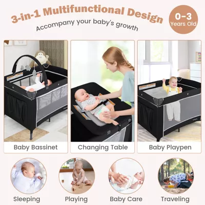 3 in 1 Pack and Play with Toy Bar Diaper Changing Table with Safety Belt - Image 4