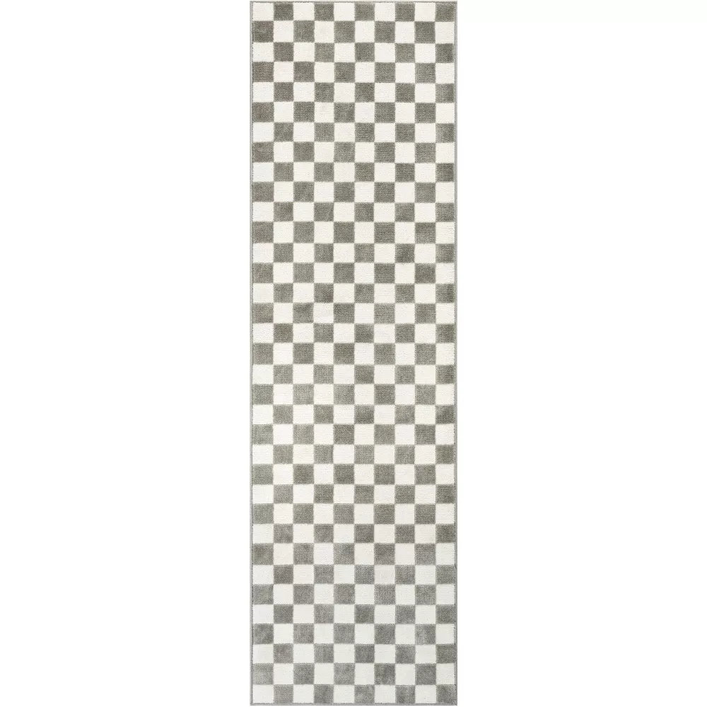 Serenity Home Checkered Geometric Indoor Area Rug Ivory Grey 2'2" x 7'6