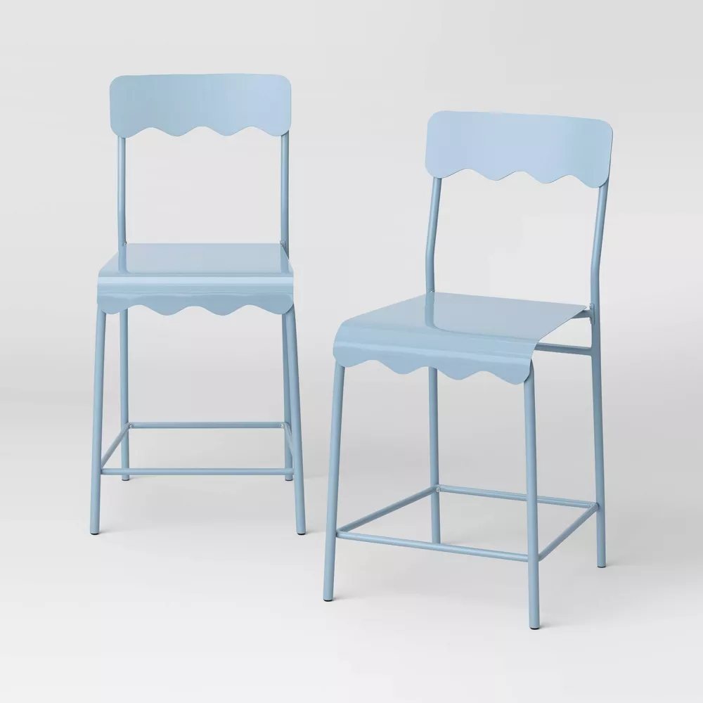 Set of 2 Wavy Metal Counter Height Barstool with Footrest Blue