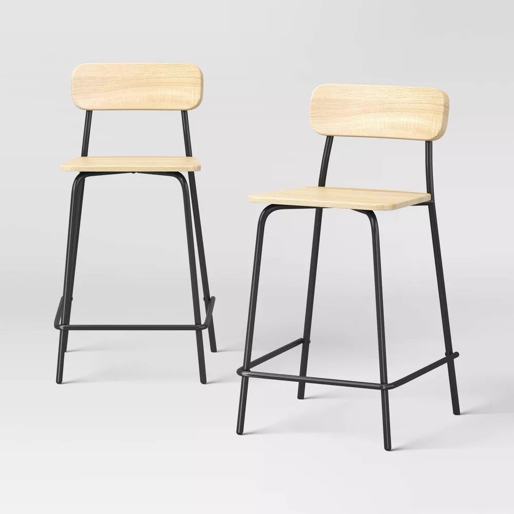 Set of 2 Wood with Metal Base Counter Stool with Footrest Natural