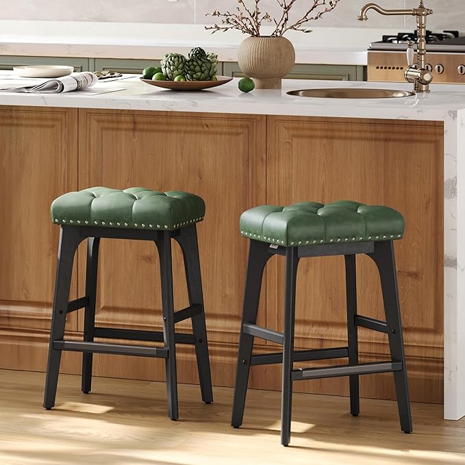 Set of 2 26" Saddle Stools Green Suede SHOWROOM ITEM