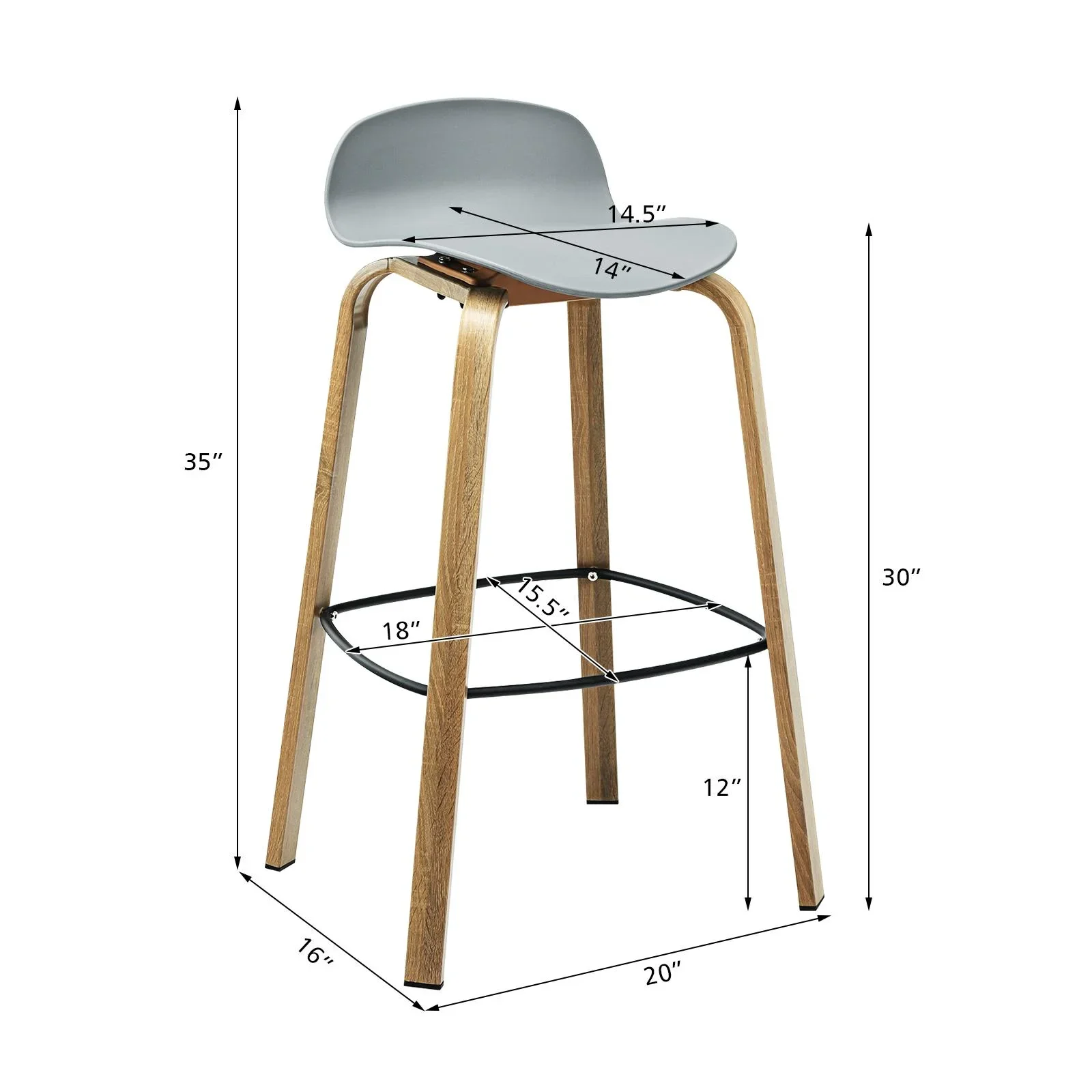 Set of 2 Barstools, 30”Modern Chairs w/Low Backrest Grey - Image 2