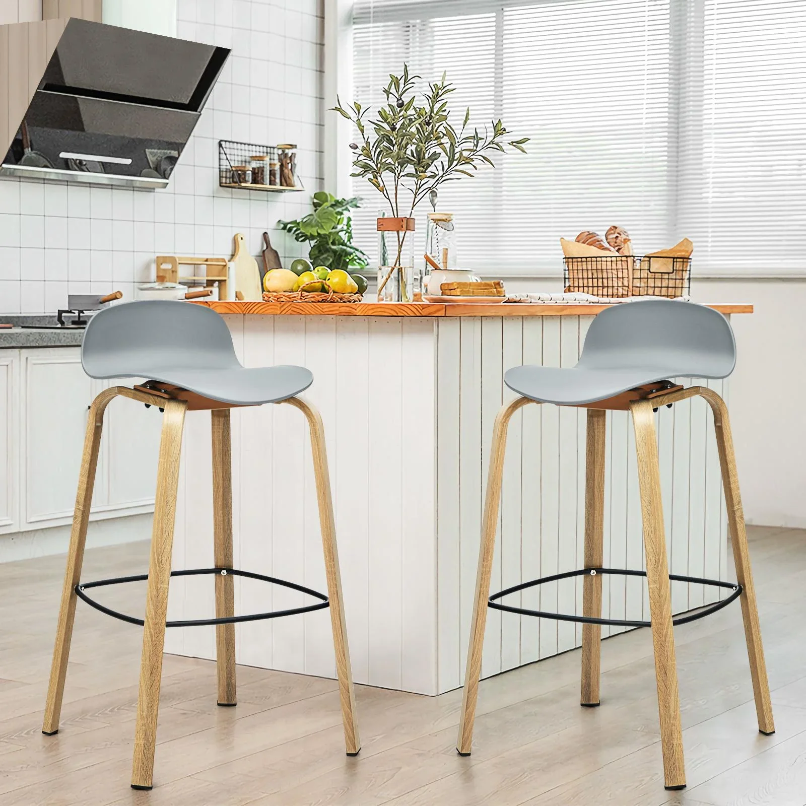 Set of 2 Barstools, 30”Modern Chairs w/Low Backrest Grey - Image 3