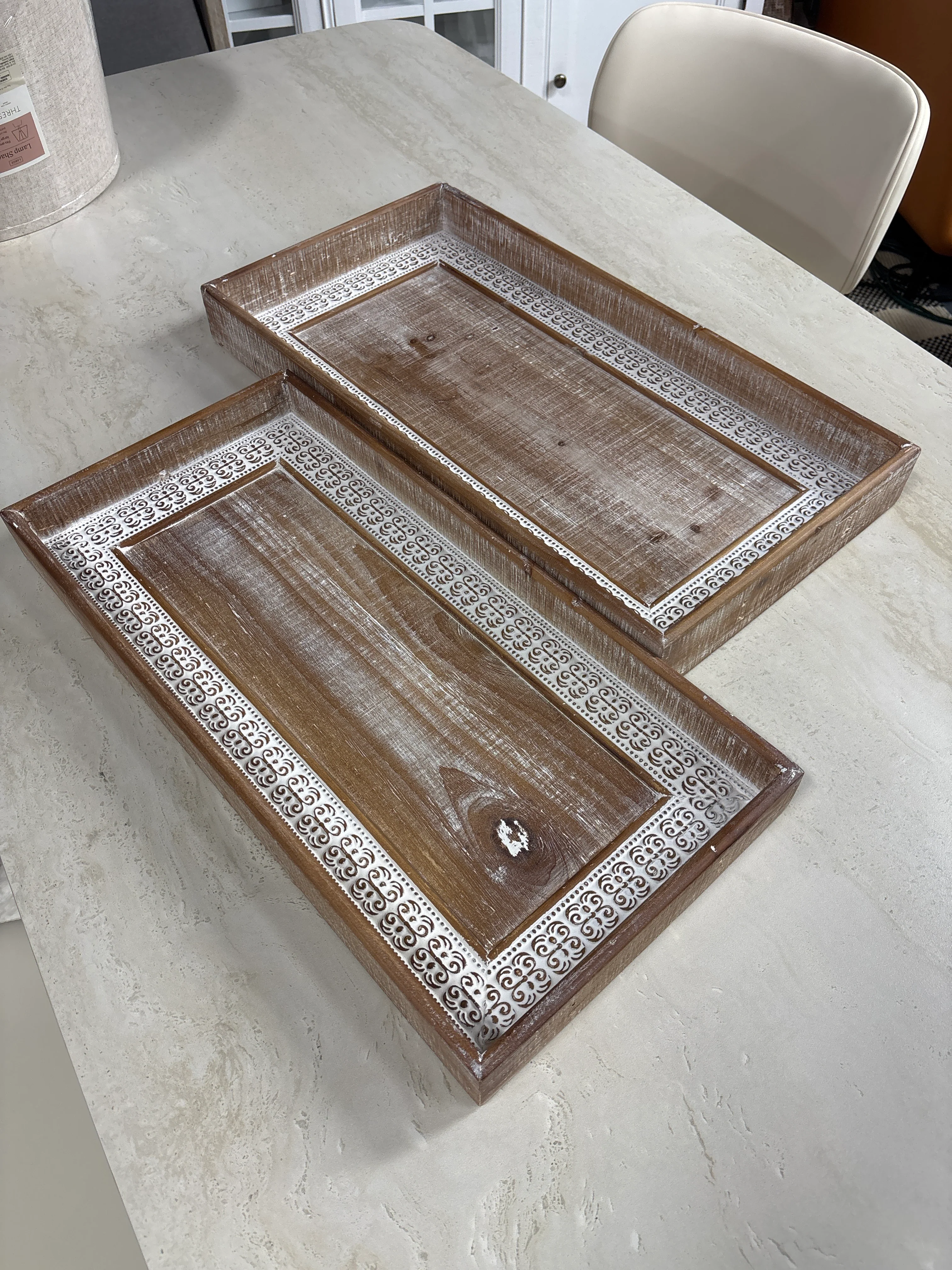 (Set of 2) Brown Wood Decorative Tray with White Wash SHOWROOM ITEM - Image 2