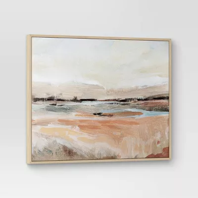 (Set of 2) Faded Landscape Framed Wall Canvases Natural : Polystyrene Frame, Blockprint Art - Image 2