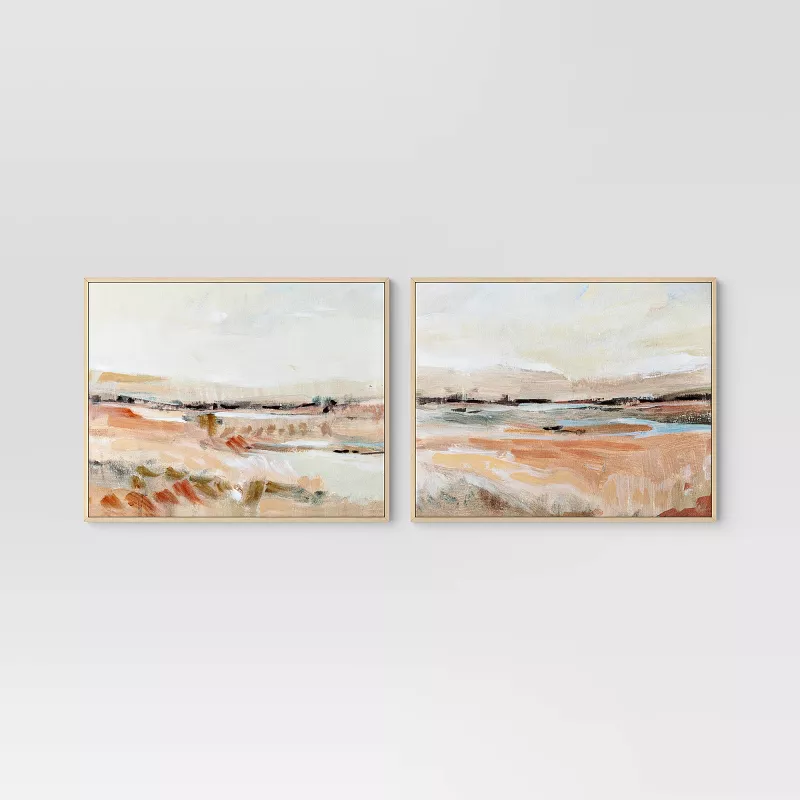 (Set of 2) Faded Landscape Framed Wall Canvases Natural - Polystyrene Frame, Blockprint Art