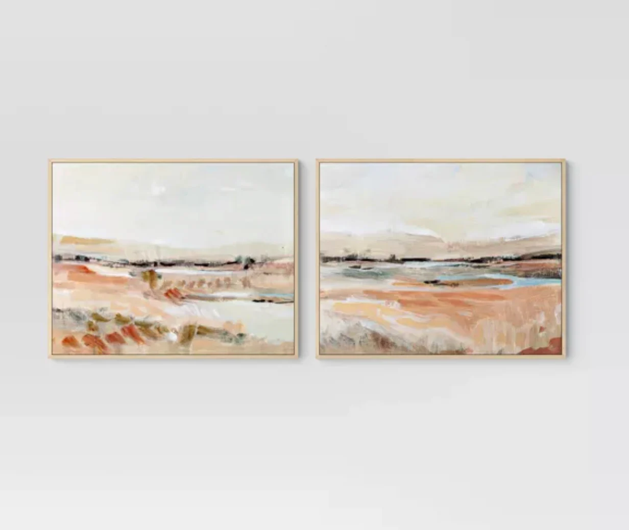 (Set of 2) Faded Landscape Framed Wall Canvases Natural: Polystyrene Frame, Blockprint Art SHOWROOM ITEM