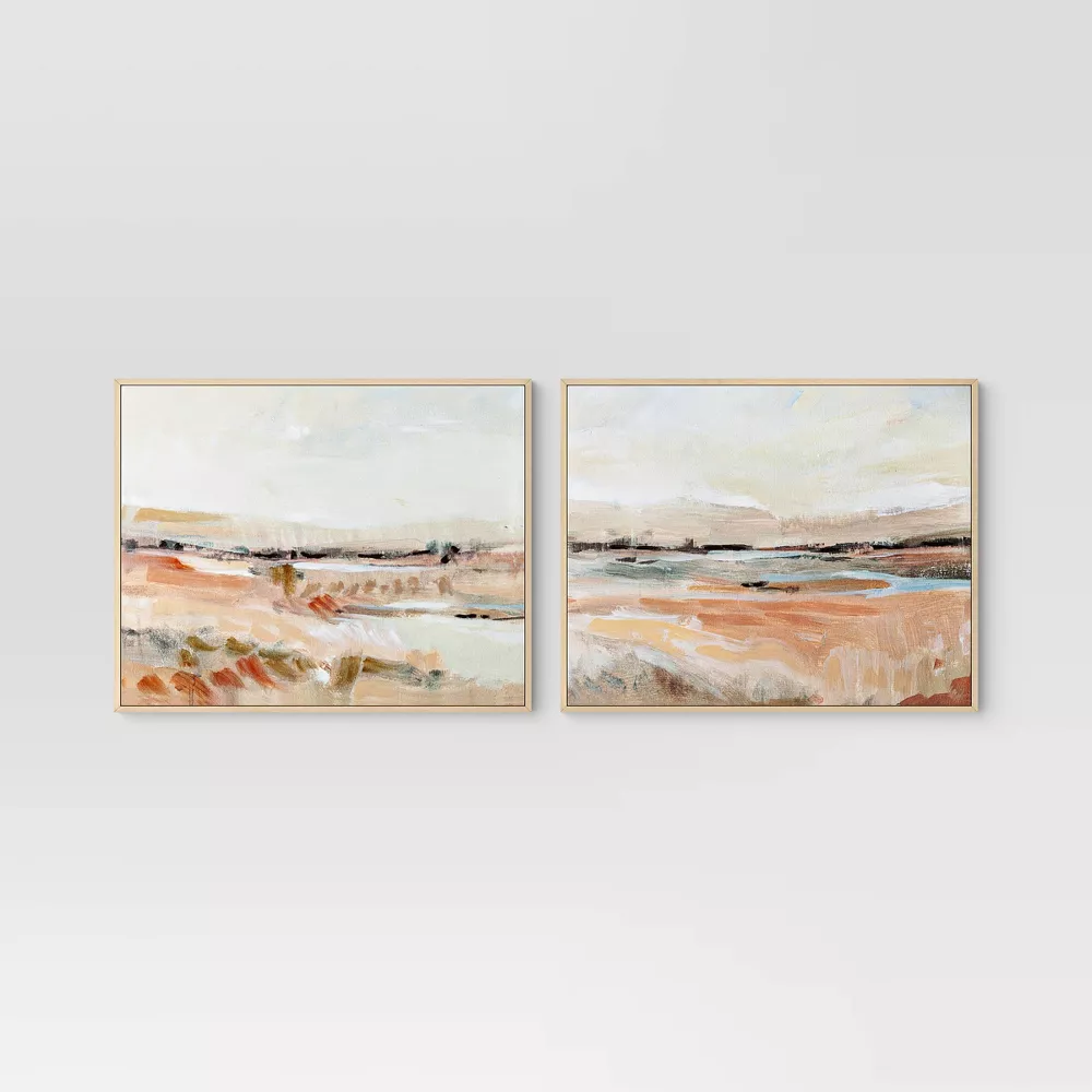 (Set of 2) Faded Landscape Framed Wall Canvases Natural