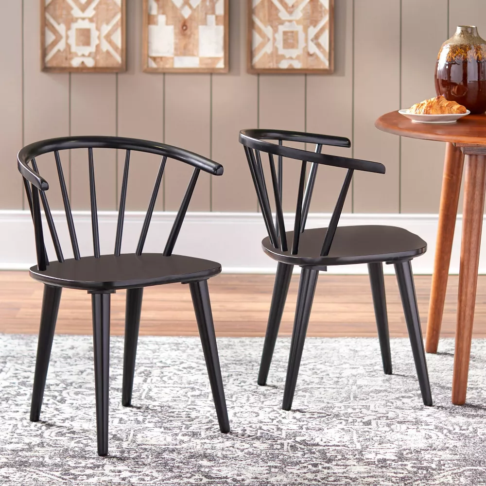 Set of 2 Florence Farmhouse Curved Back Solid Wood Spindle Dining Chairs Black - Image 2