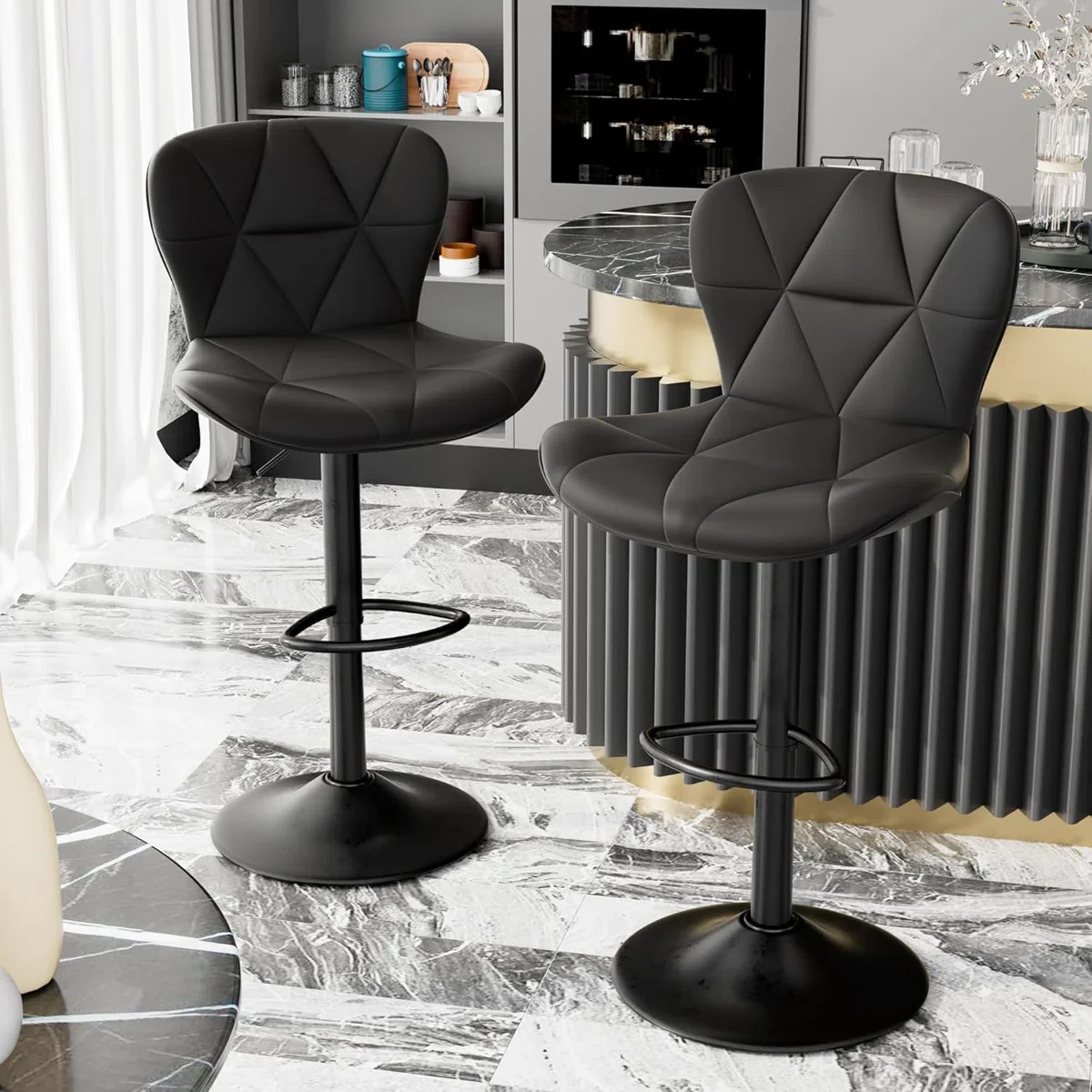 (Set of 2) Modern Faux Leather Adjustable Swivel Black Barstools SHOWROOM ITEM
