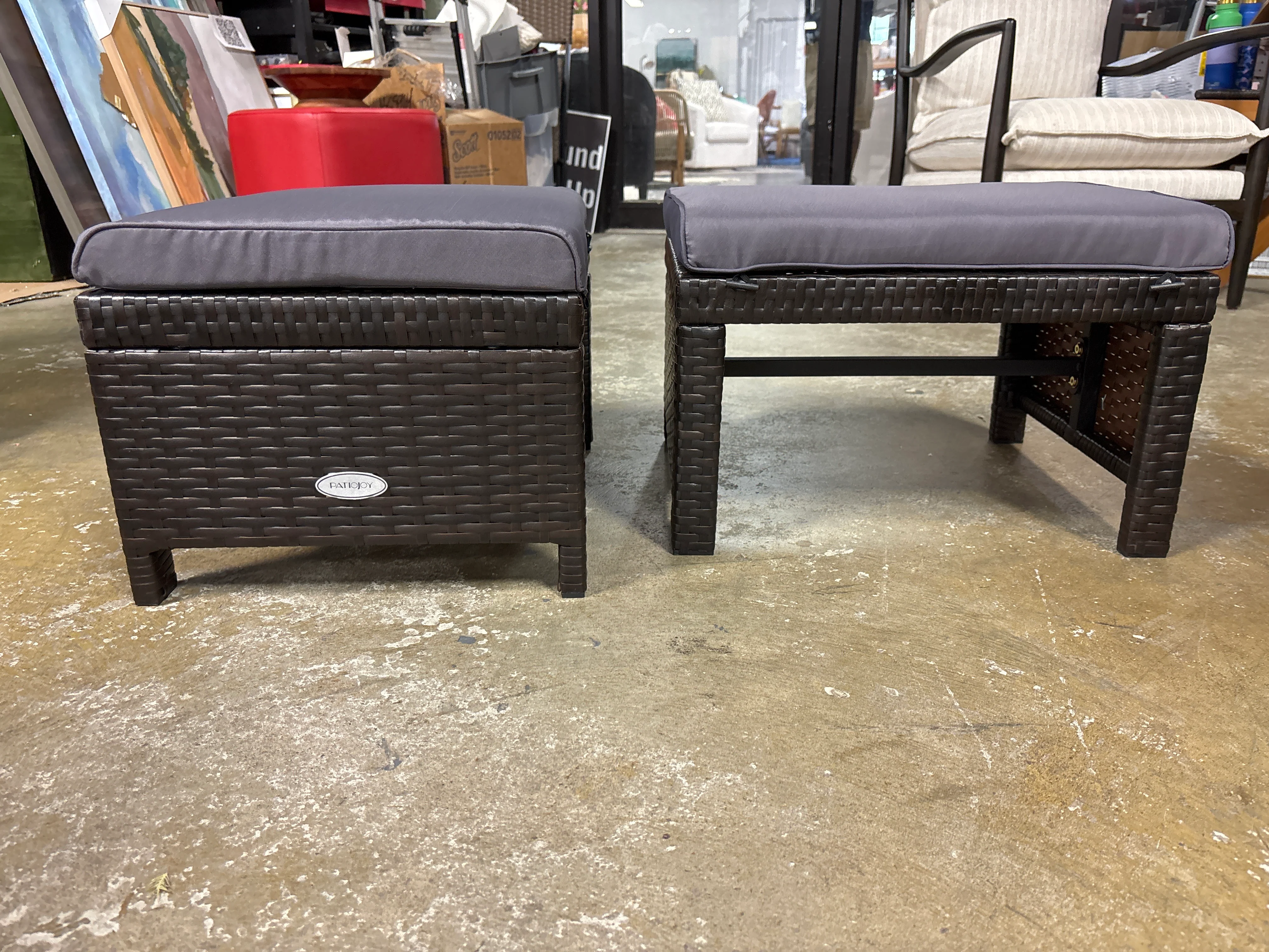 (Set of 2) Patiojoy Outdoor Wicker Ottoman with Cushion - Navy Blue SHOWROOM ITEM - Image 2