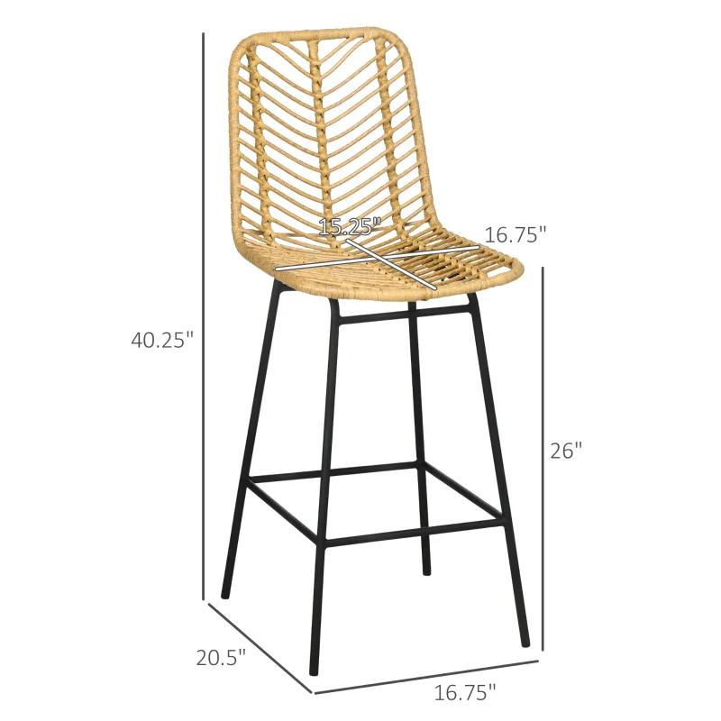 Set of 2 Rattan Barstools Wicker Counter Stools with Steel Legs and Footrest for Dining Room Kitchen Pub Yellow - Image 3