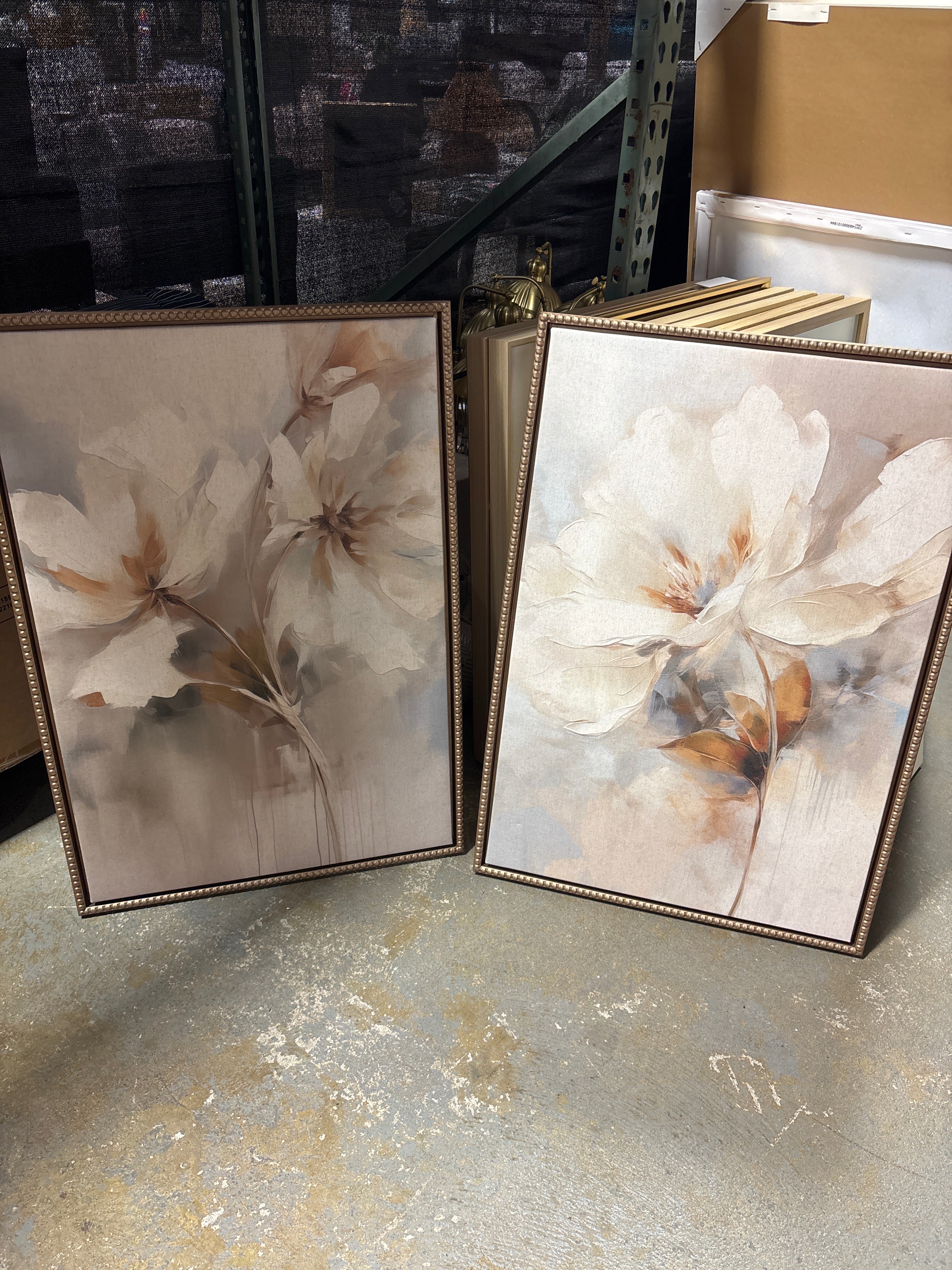 (Set of 2) Sylvie Beaded Abstract Botanical Floral Linen Artwork SHOWROOM ITEM - Image 2