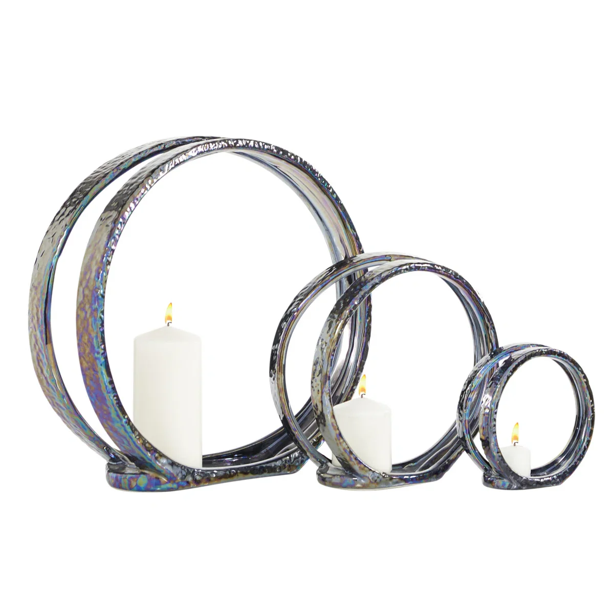 (Set of 3) Ceramic Pillar Decorative Silver Candle Holder Set SHOWROOM ITEM
