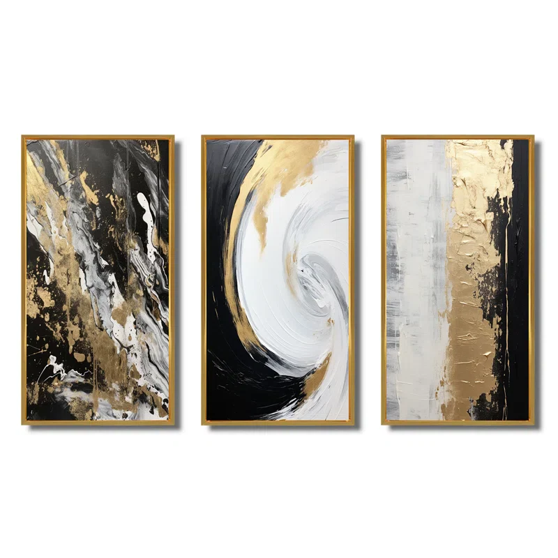 (Set of 3) " Essential Nature Of Alchemy Abstract Gold Black II " SHOWROOM ITEM