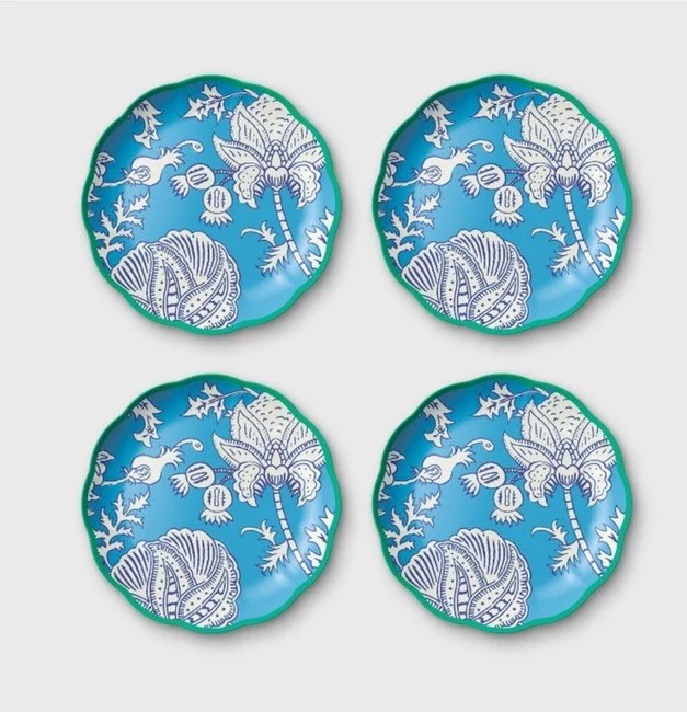 (Set of 4) Roller RabbitFloral Vines Melamine 11" Dinner Plates Blue SHOWROOM ITEM