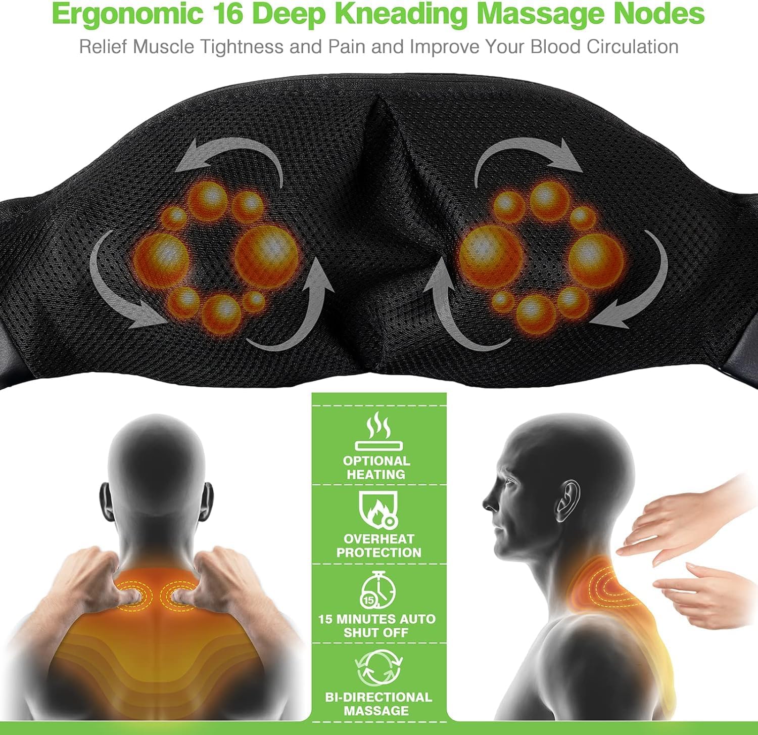 Shiatsu Back Neck and Shoulder Massager with Heat, Deep Tissue 3D Kneading - Image 4