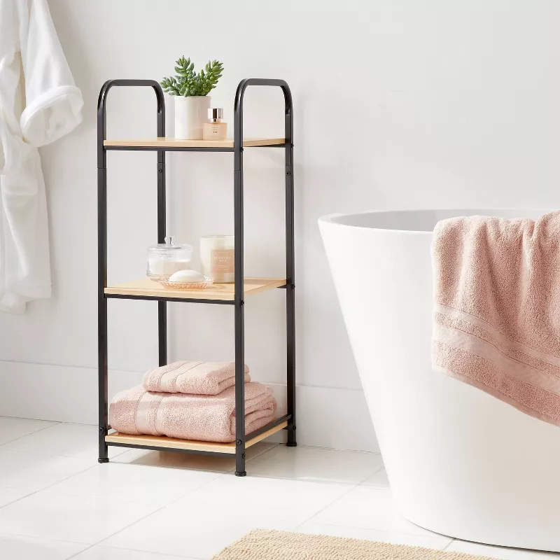 Short Bath Wood Storage Tower Black Metal - Image 2